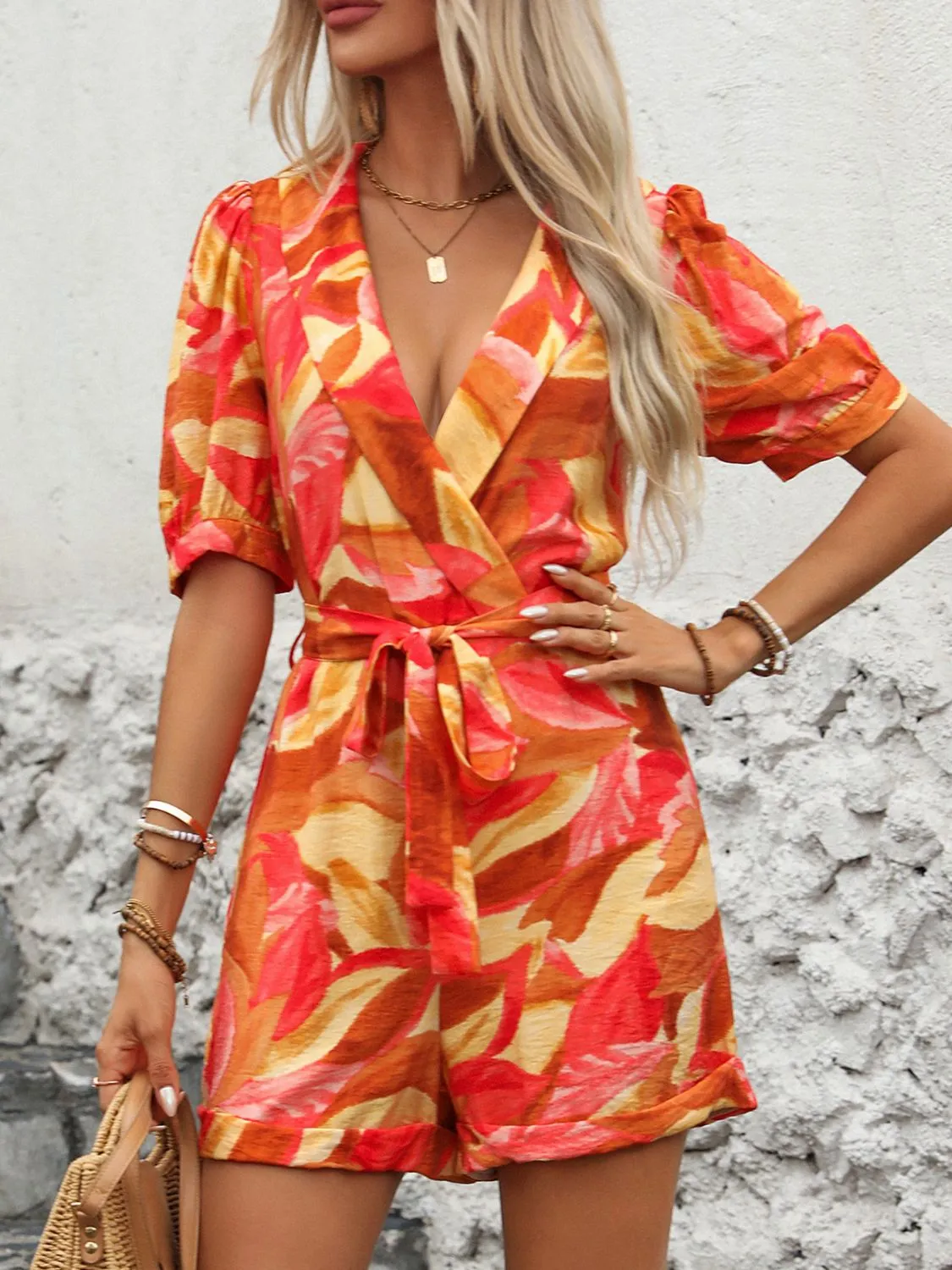 🌟 Perfee Printed Surplice Half Sleeve Romper 🌟