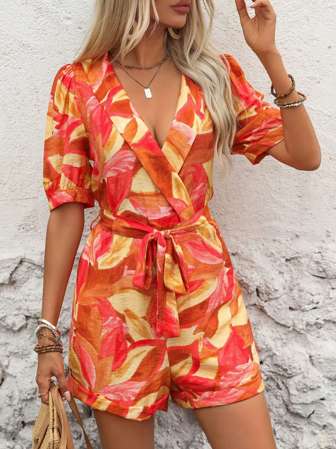 🌟 Perfee Printed Surplice Half Sleeve Romper 🌟