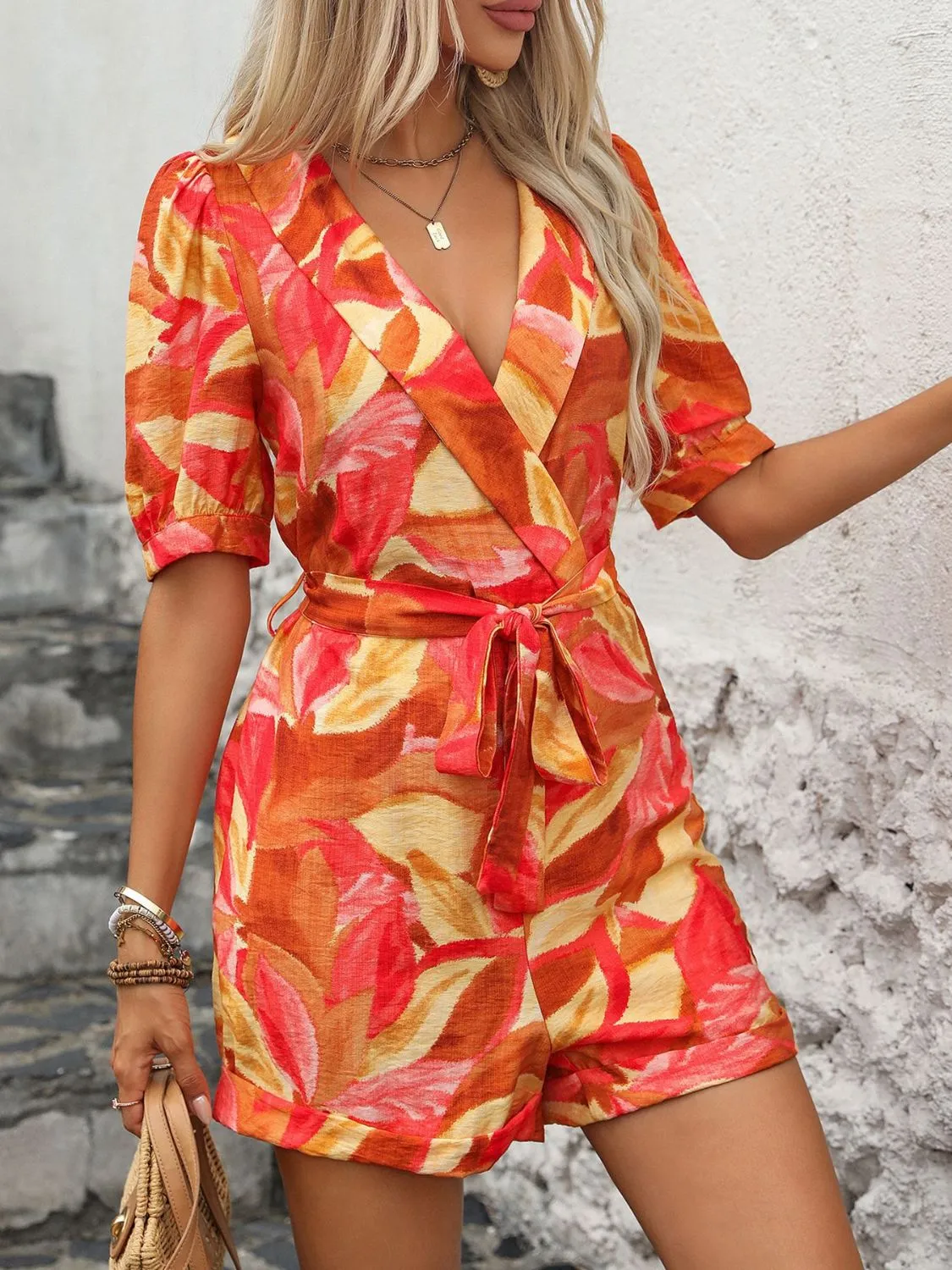 🌟 Perfee Printed Surplice Half Sleeve Romper 🌟