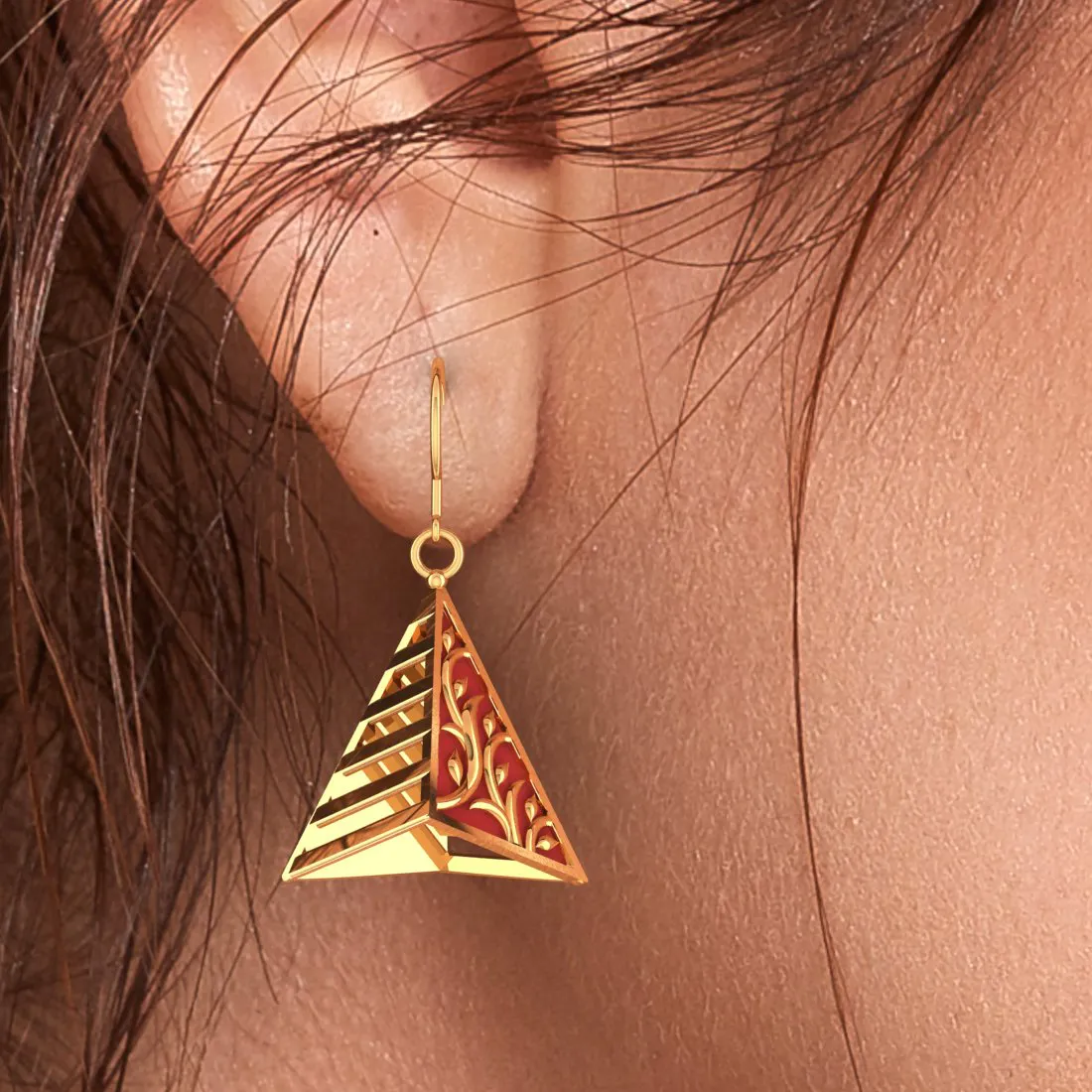 14k Exquisite Gold Earrings In A Reddish Conical Shape