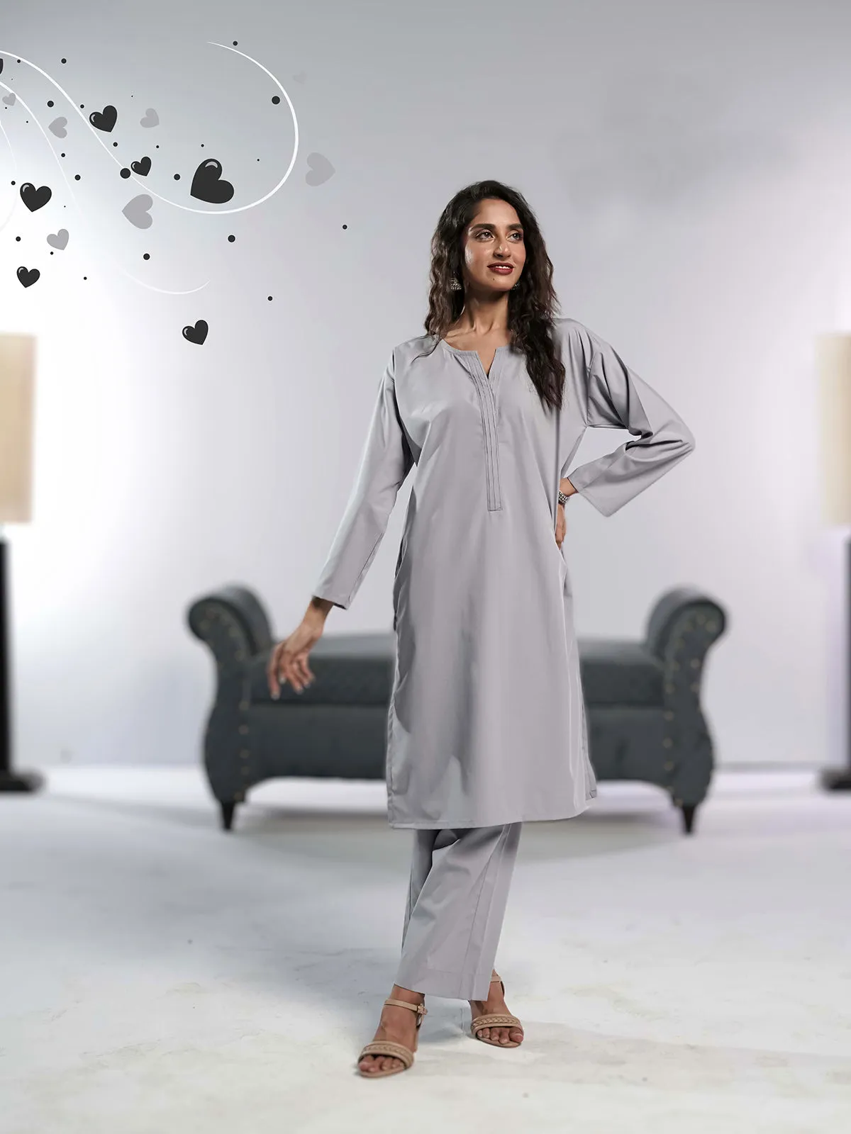 Ahlam Stitched - 2 piece Shirt & Trouser Ashen Blue  Collection'2024