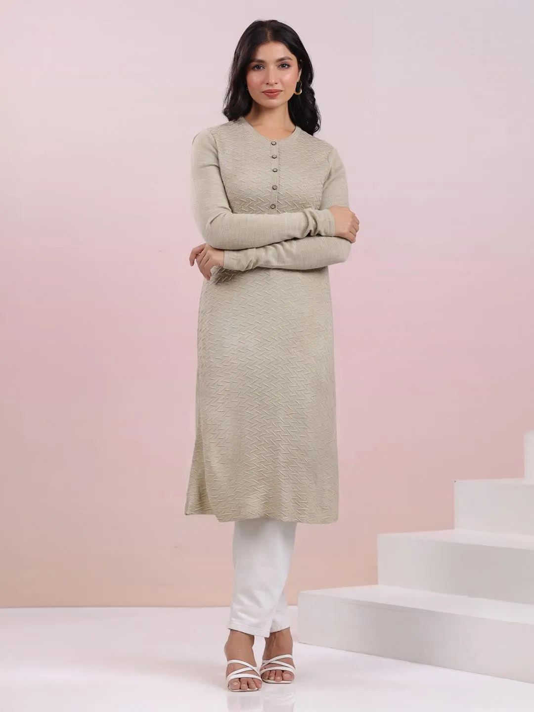 Beige Woolen Textured Straight Winter Kurta