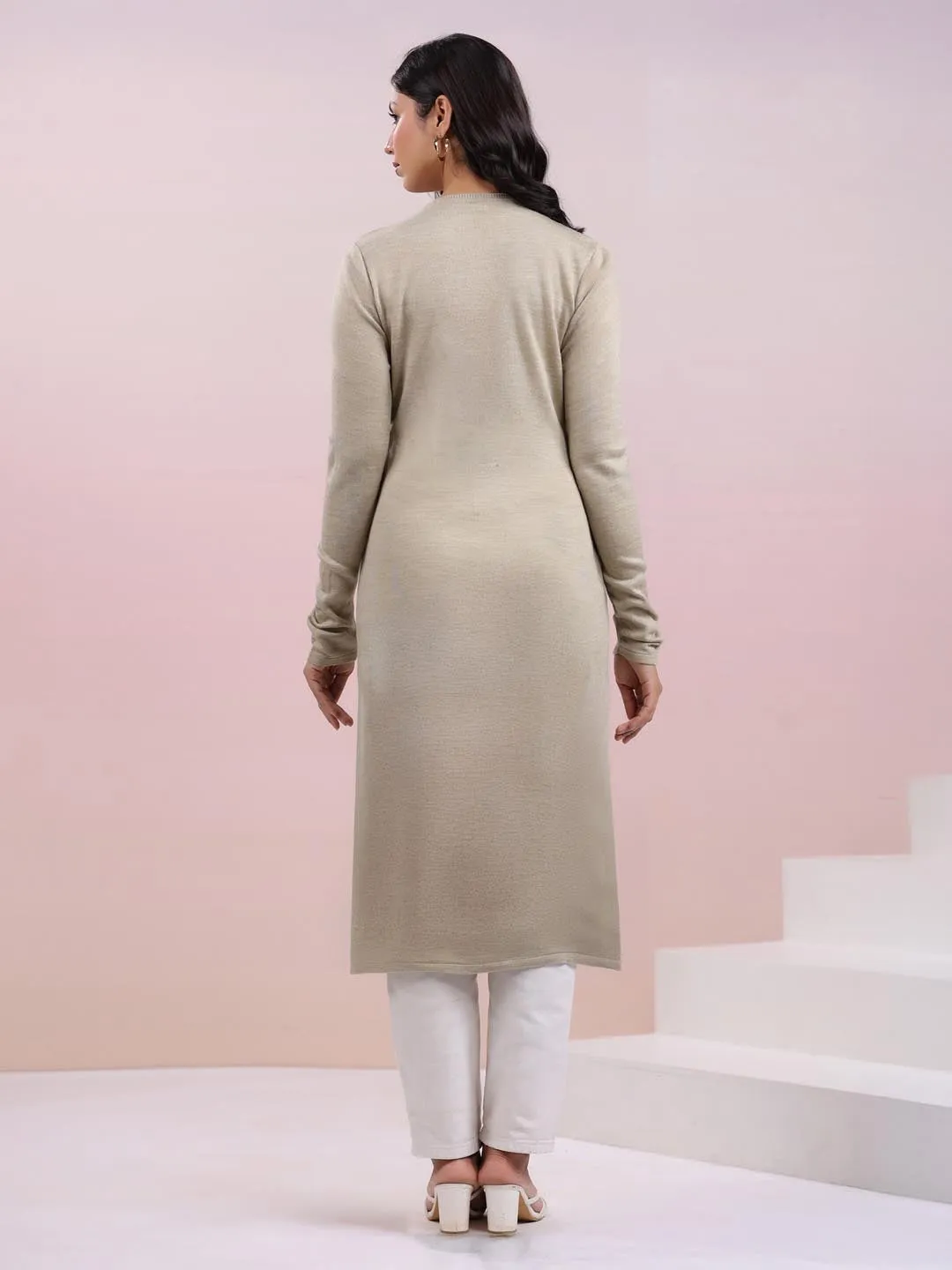 Beige Woolen Textured Straight Winter Kurta