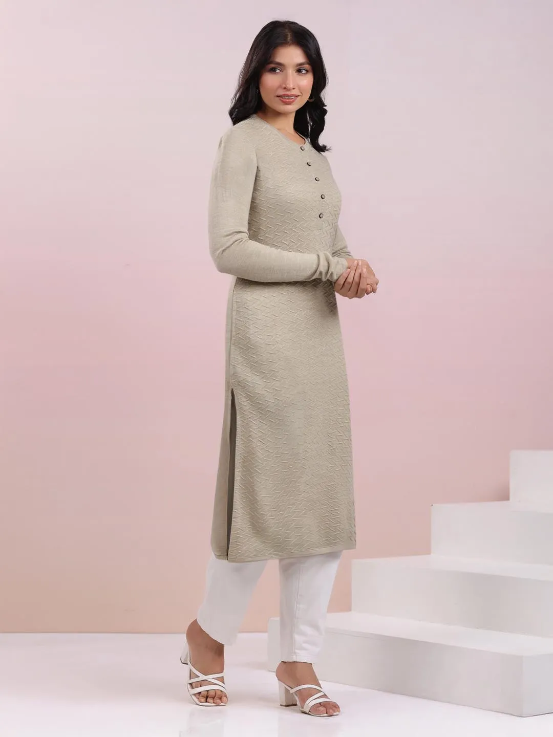 Beige Woolen Textured Straight Winter Kurta