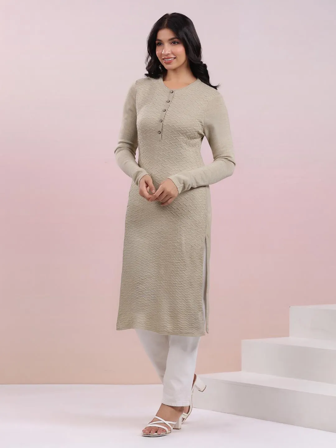 Beige Woolen Textured Straight Winter Kurta