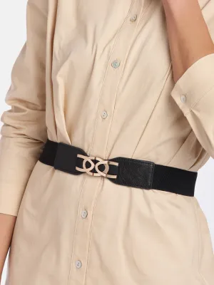 Berrylush Women Black Elastic Strap Rose Gold Buckle Belt