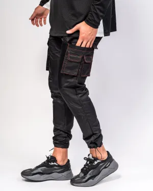 Black Out Nylon Cargo Trouser With Neon Orange Stitch