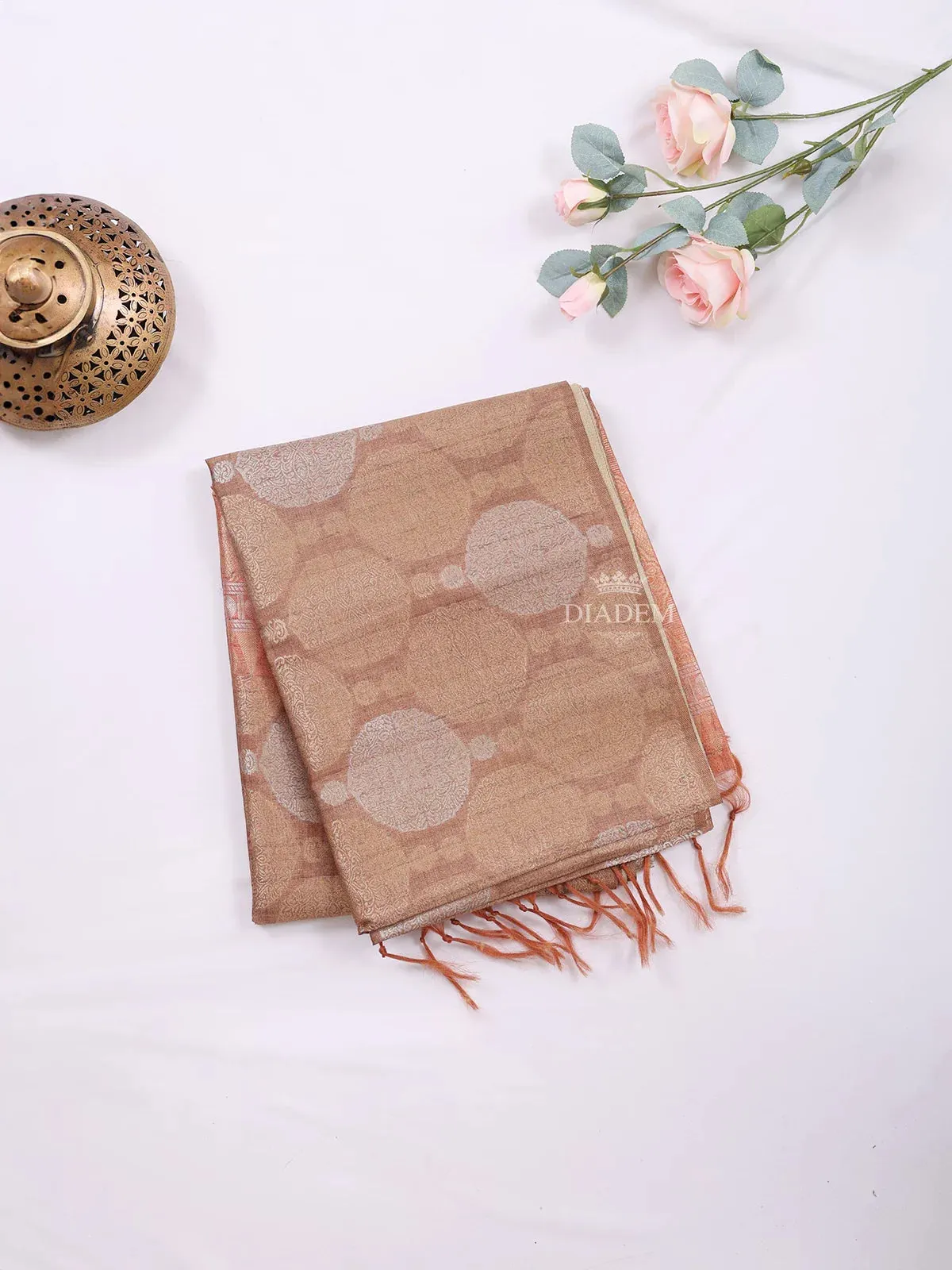 Brown Semi Tussar Silk Saree with Circle Floral Design on the Body and without Border