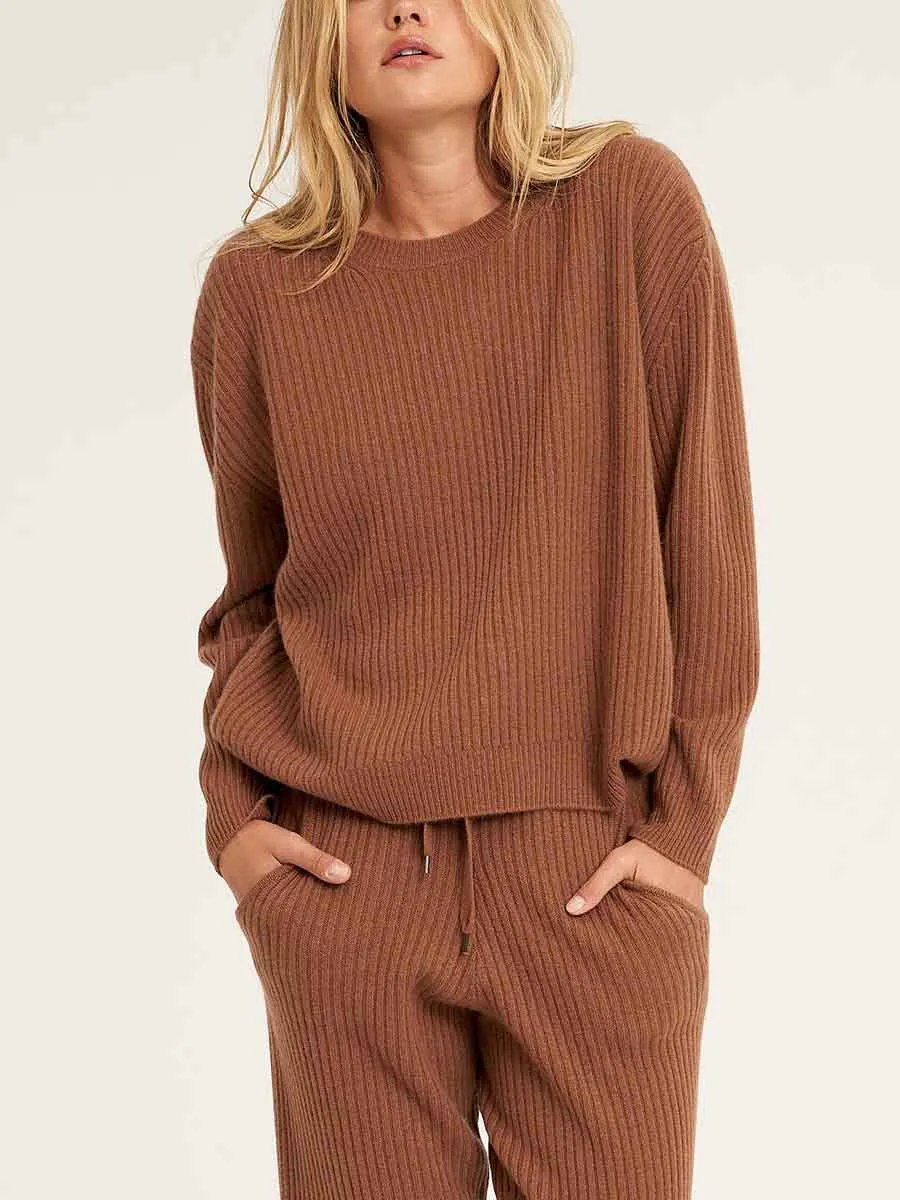 Casual Solid Color Round Neck Pocket Trousers Knit Suit