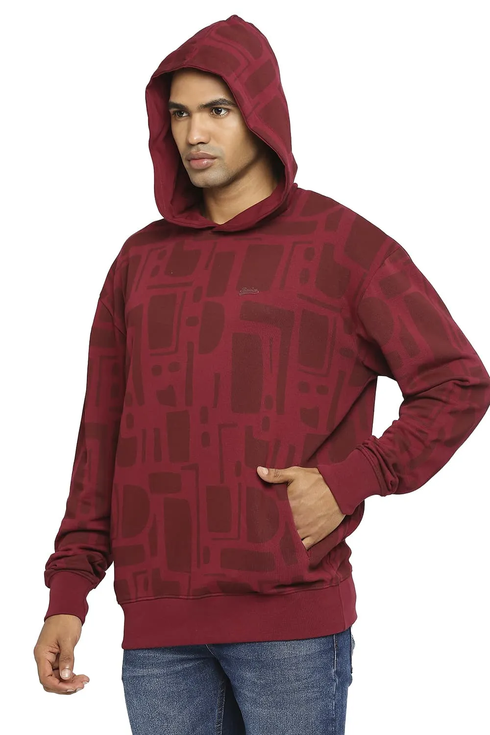 Comfort Fit Cotton Non Brushed Fleece Printed Hood Pullover Sweatshirt