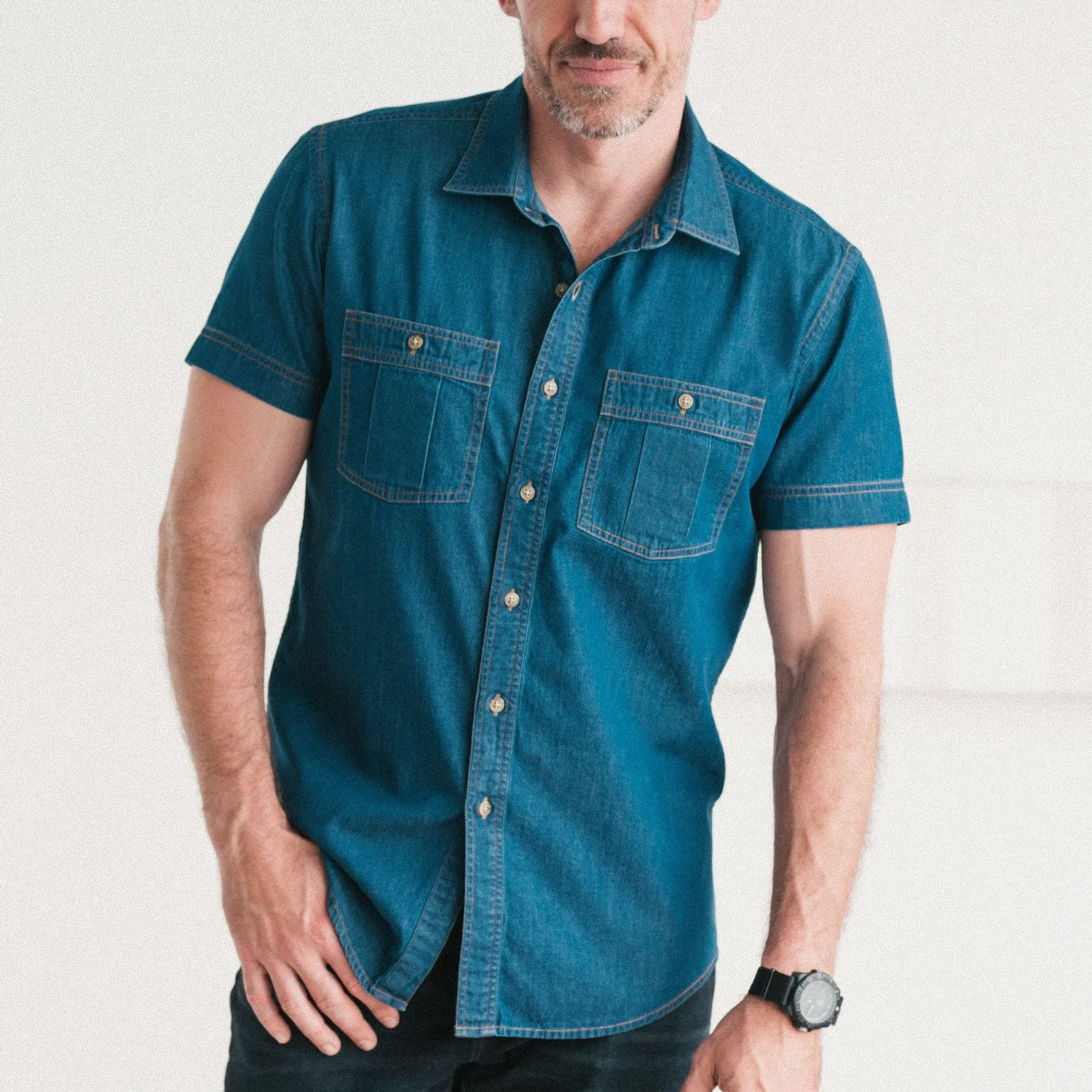 Craftsman Short Sleeve Utility Shirt – Medium Washed Indigo Cotton Denim