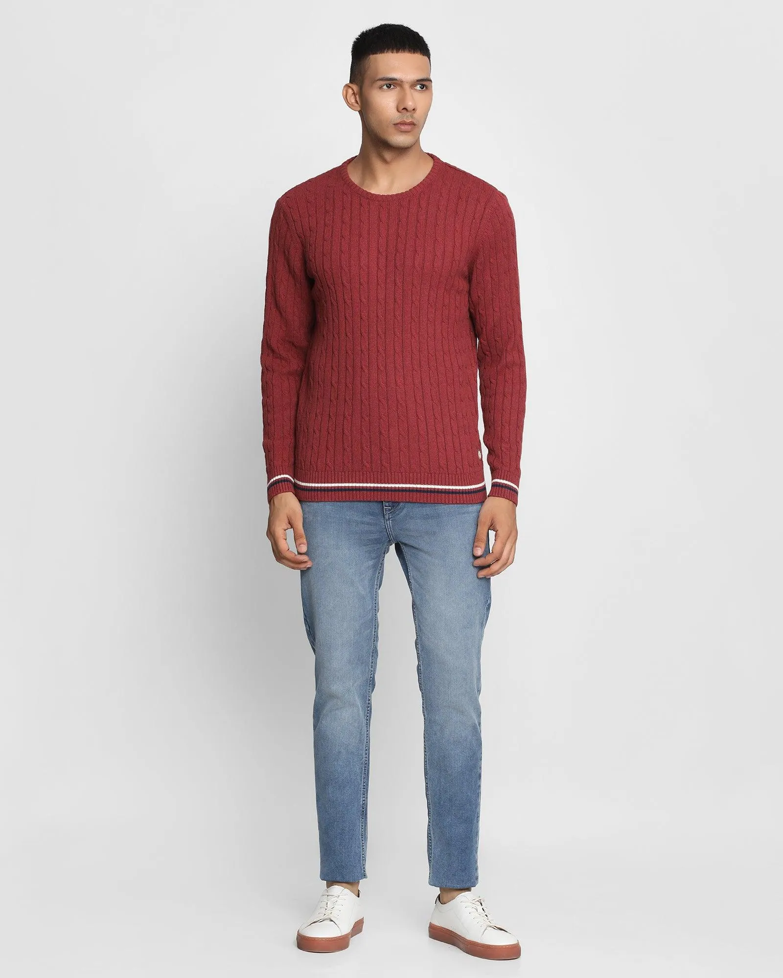 Crew Neck Wine Textured Sweater - Cable