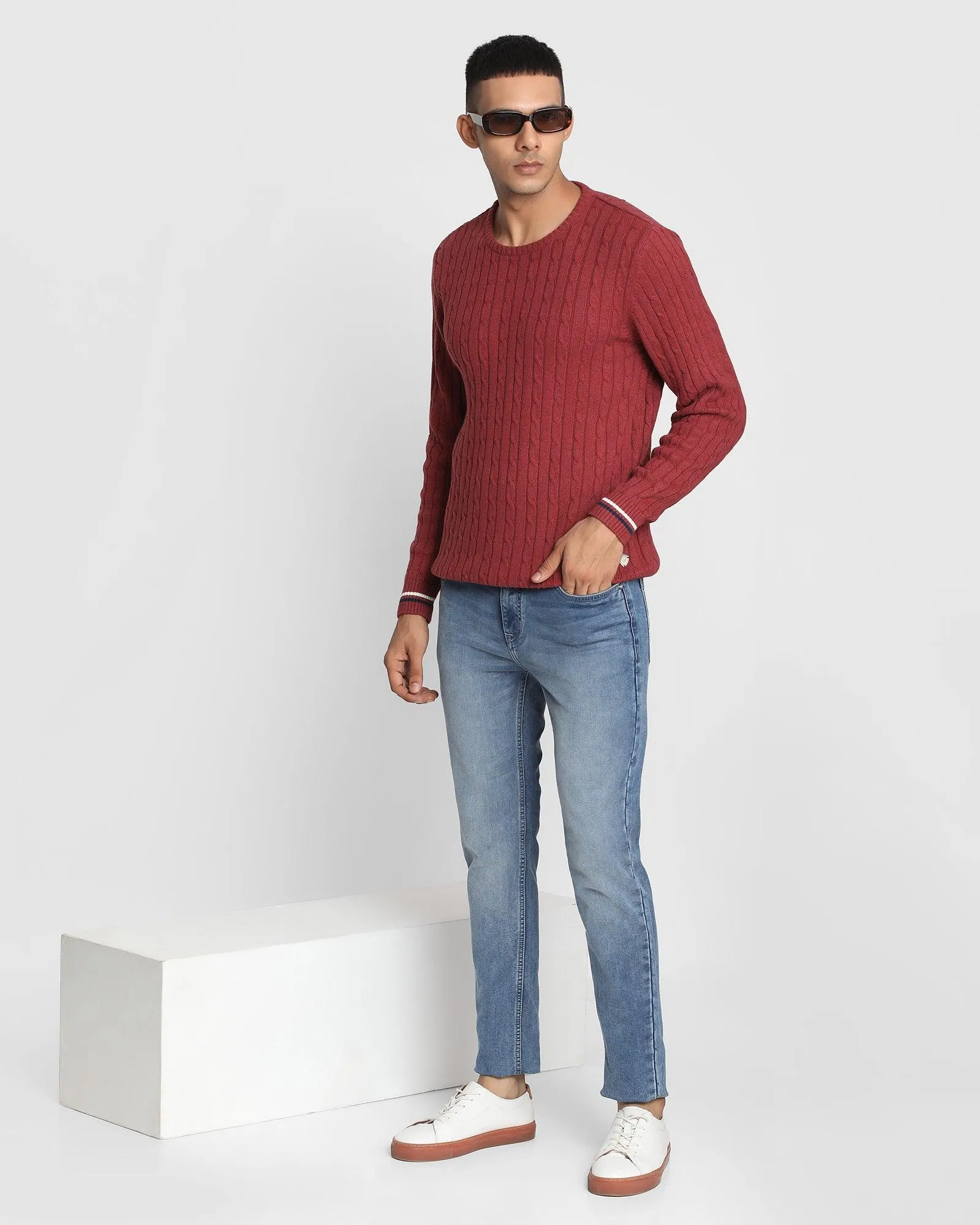 Crew Neck Wine Textured Sweater - Cable