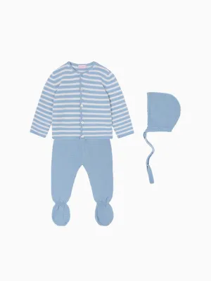 Dusty Blue Stripe Pinto Merino Baby Knitted Gift Box Set