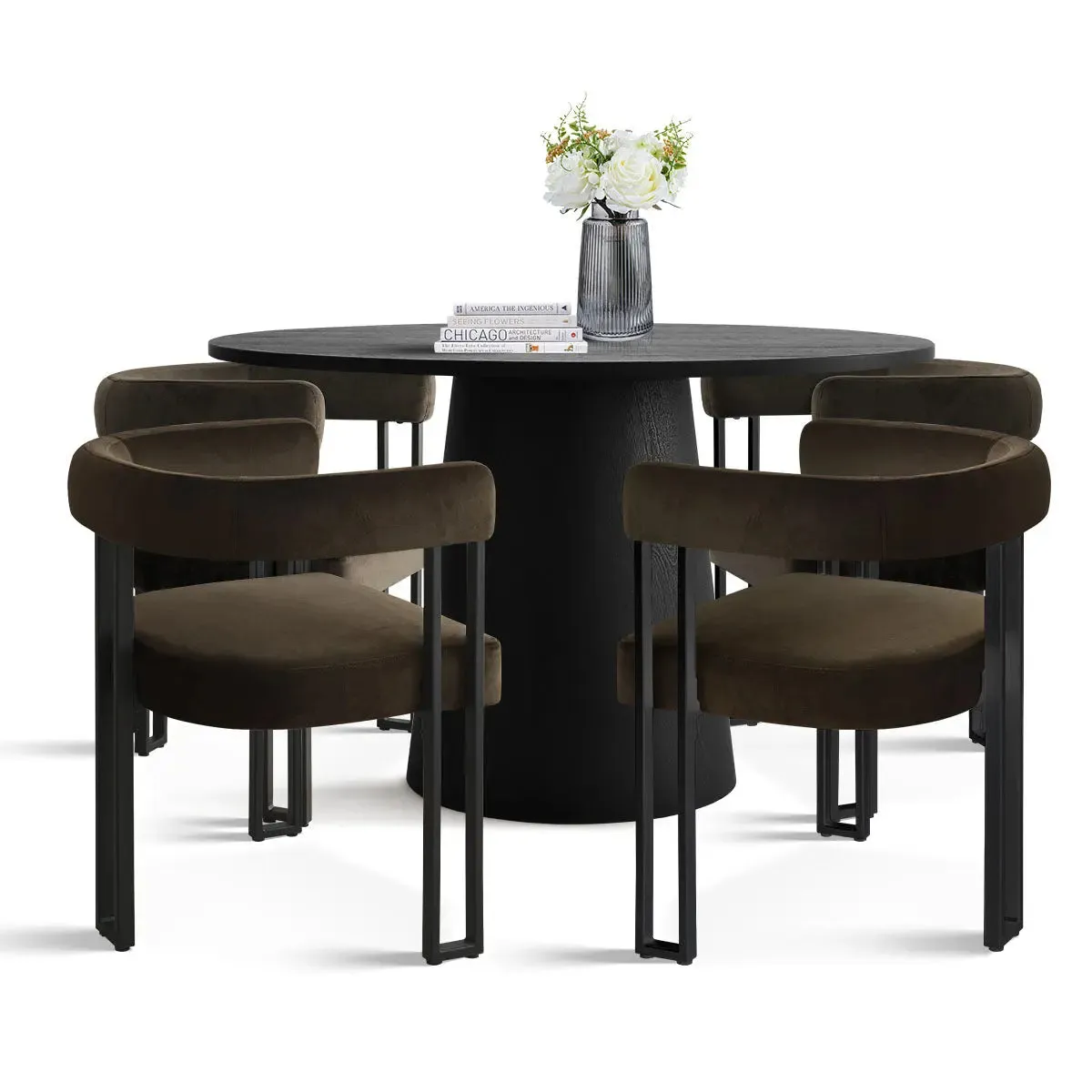 Dwen & Mia 46" Round Black & Velvet Dining Table Set for 4 (5-Piece)