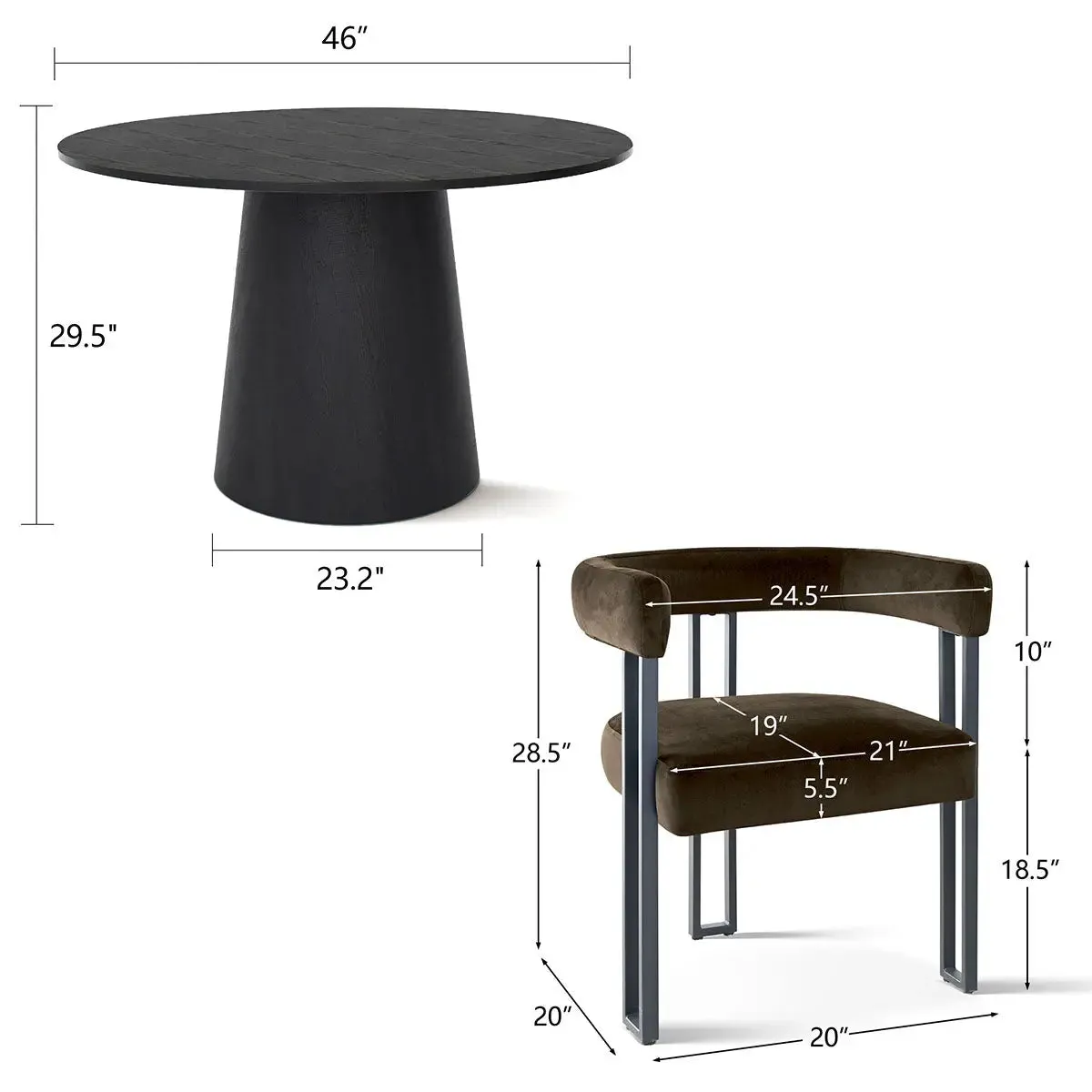 Dwen & Mia 46" Round Black & Velvet Dining Table Set for 4 (5-Piece)