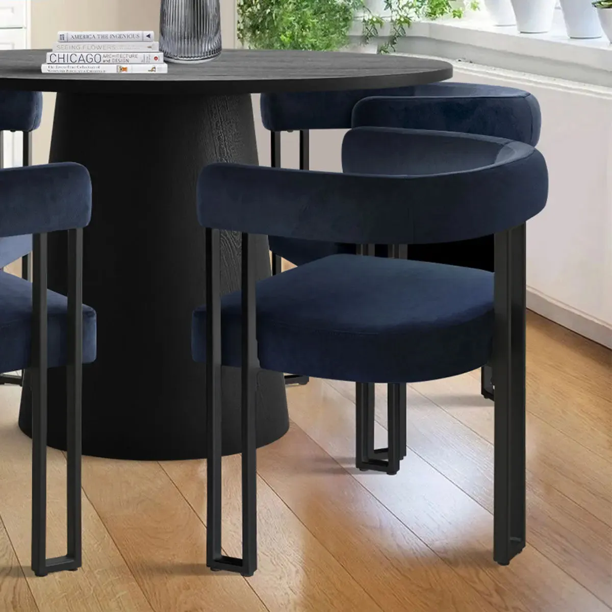 Dwen & Mia 46" Round Black & Velvet Dining Table Set for 4 (5-Piece)