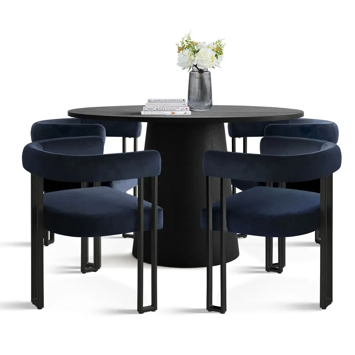 Dwen & Mia 46" Round Black & Velvet Dining Table Set for 4 (5-Piece)