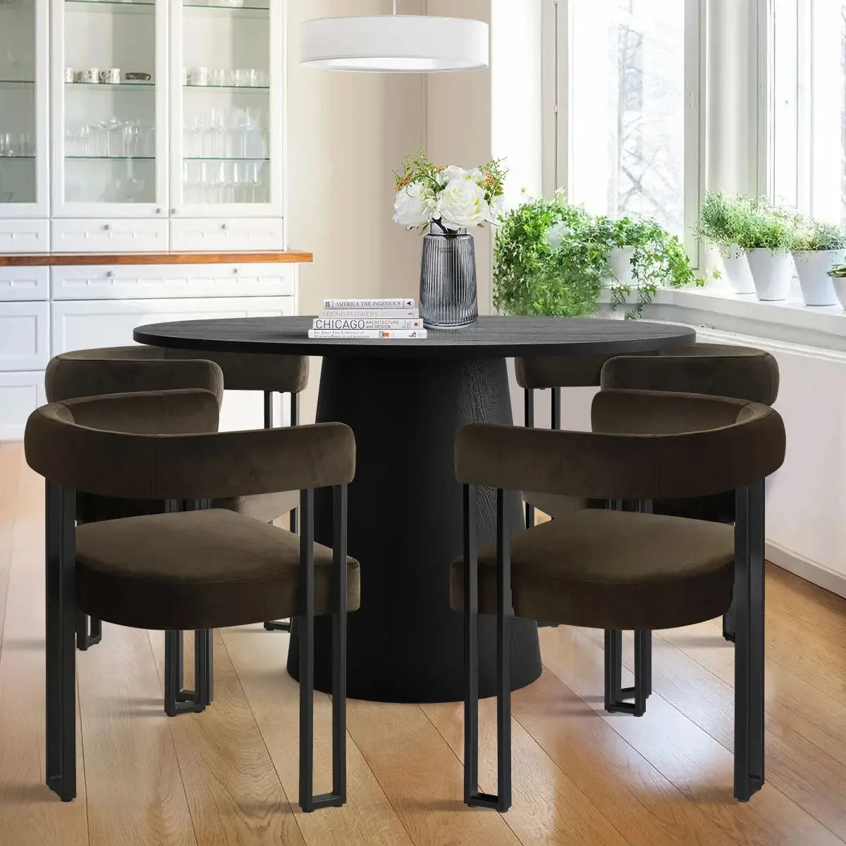 Dwen & Mia 46" Round Black & Velvet Dining Table Set for 4 (5-Piece)