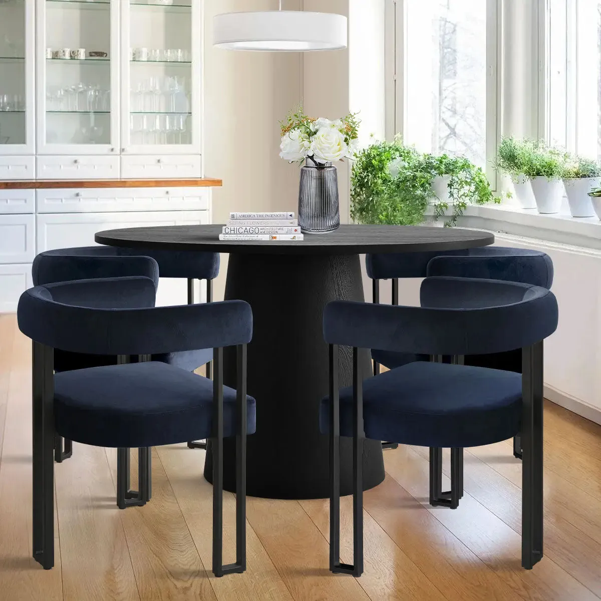 Dwen & Mia 46" Round Black & Velvet Dining Table Set for 4 (5-Piece)