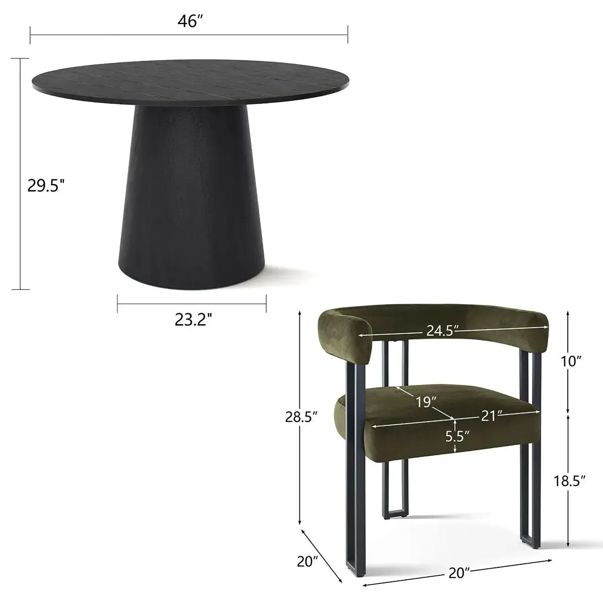 Dwen & Mia 46" Round Black & Velvet Dining Table Set for 4 (5-Piece)