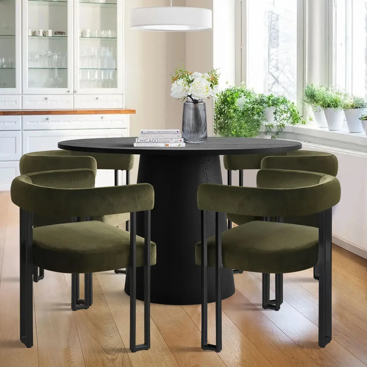 Dwen & Mia 46" Round Black & Velvet Dining Table Set for 4 (5-Piece)