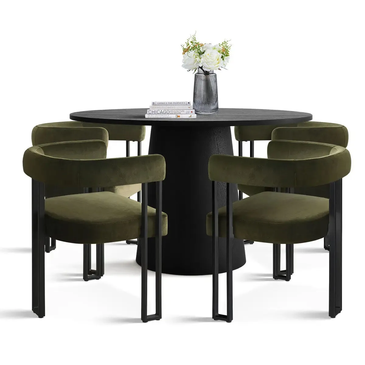 Dwen & Mia 46" Round Black & Velvet Dining Table Set for 4 (5-Piece)