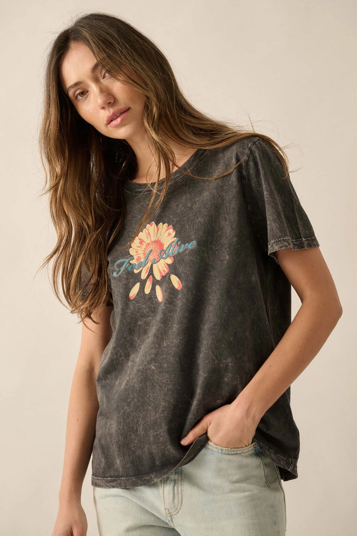 Feel Alive Vintage-Wash Flower Graphic Tee