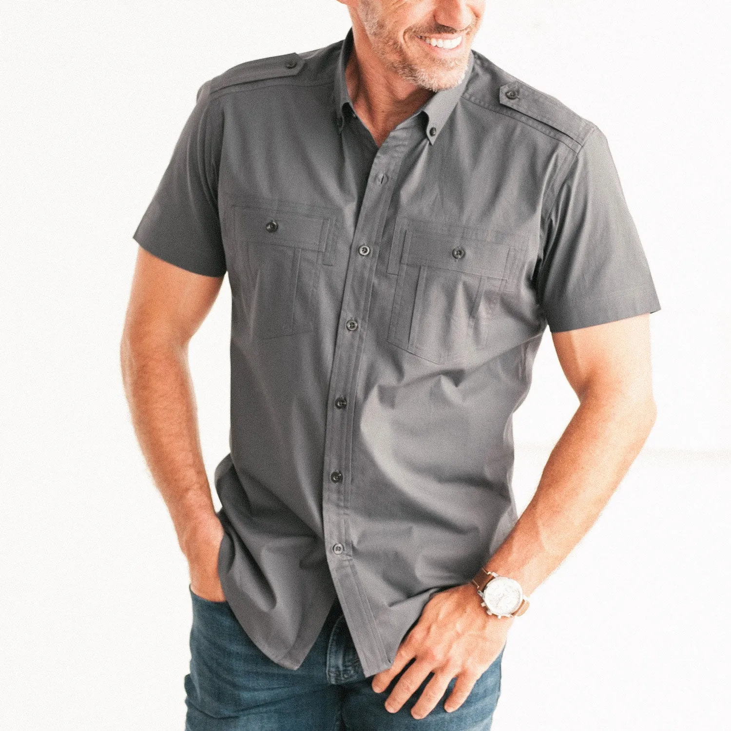 Finisher Short Sleeve Utility Shirt – Slate Gray Stretch Cotton Poplin