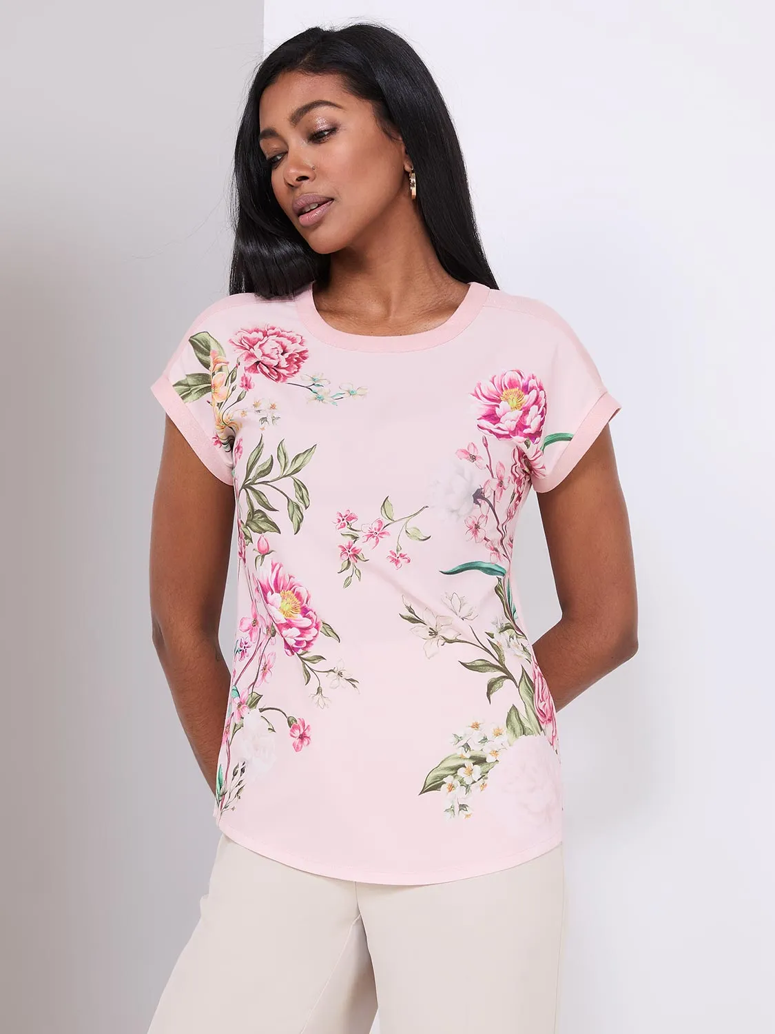 Floral Print Top With Metallic Trim