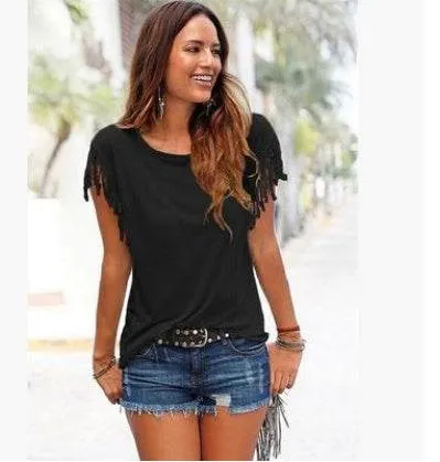 Glow Chic's Round Neck Short Sleeve Tassel T-Shirt – Soft Cotton for Effortless Style