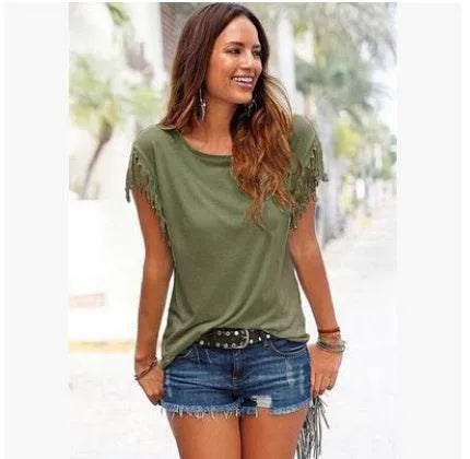 Glow Chic's Round Neck Short Sleeve Tassel T-Shirt – Soft Cotton for Effortless Style