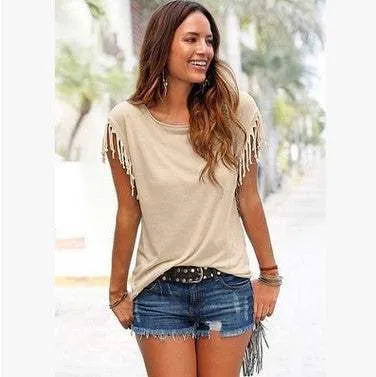 Glow Chic's Round Neck Short Sleeve Tassel T-Shirt – Soft Cotton for Effortless Style