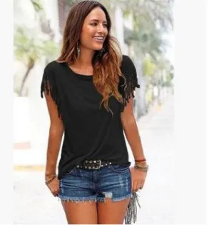 Glow Chic's Round Neck Short Sleeve Tassel T-Shirt – Soft Cotton for Effortless Style