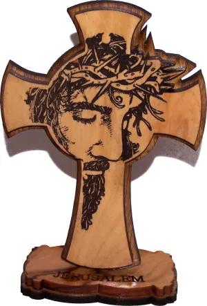 Holy Land Market Agony of Our Lord onthe Cross Layered Olive Wood Cross Carved by Laser - Standing (12 cm or 5 inches) Small/Certificate