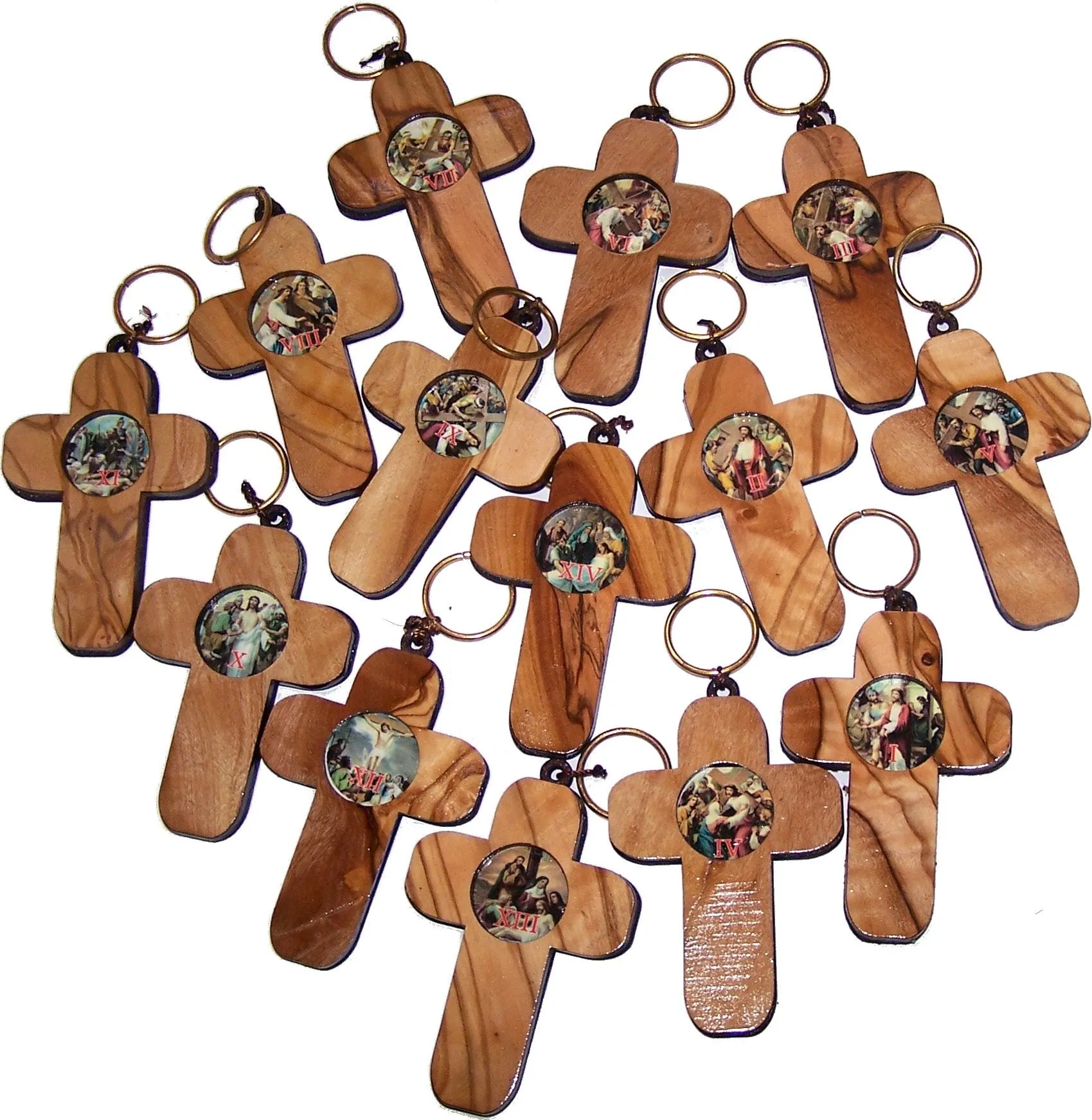 Holy Land Market Stations of The Cross on Two Layers Cross - 14 Crosses, Olive Wood Top Layer