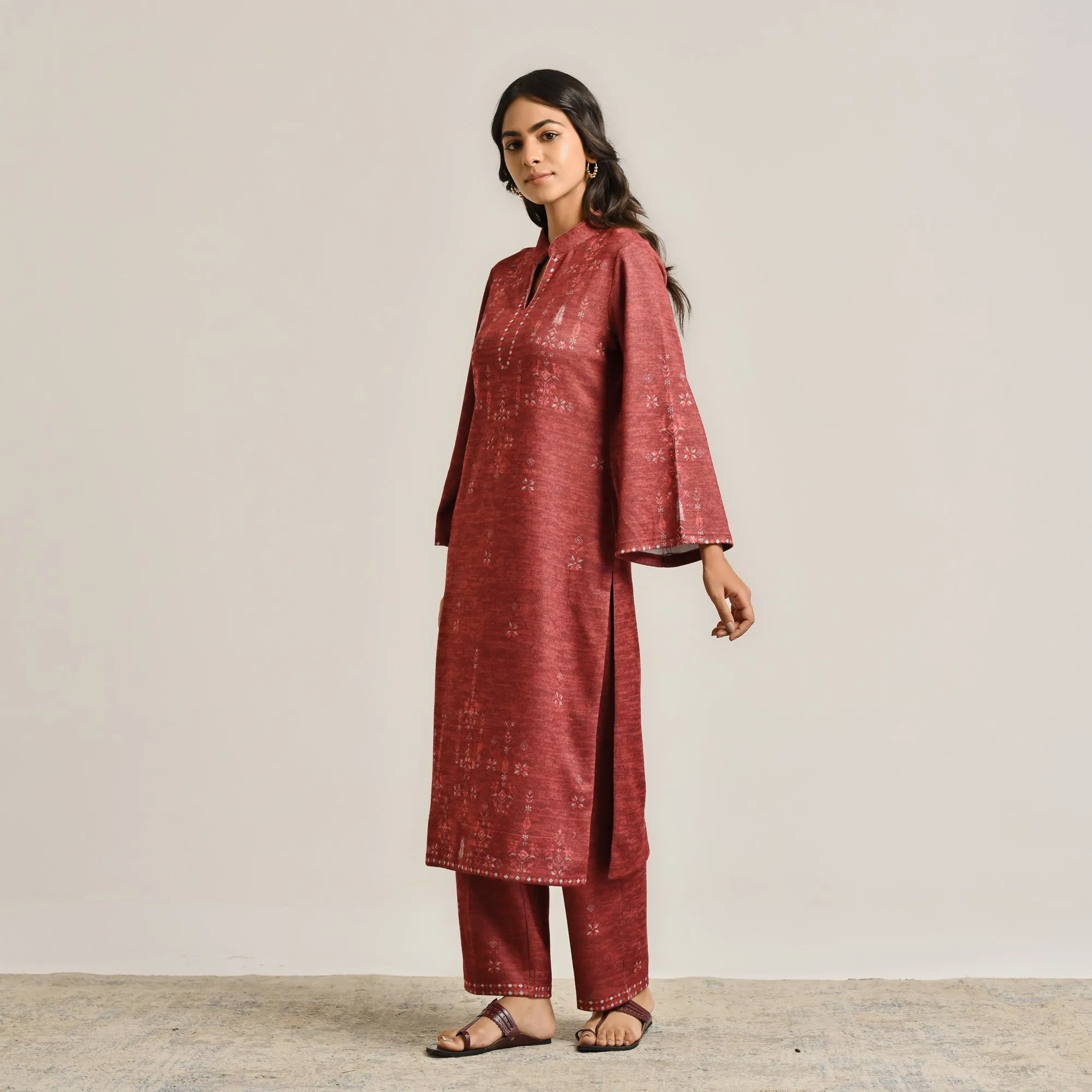 Maroon Contemporary Woollen Kurta Set