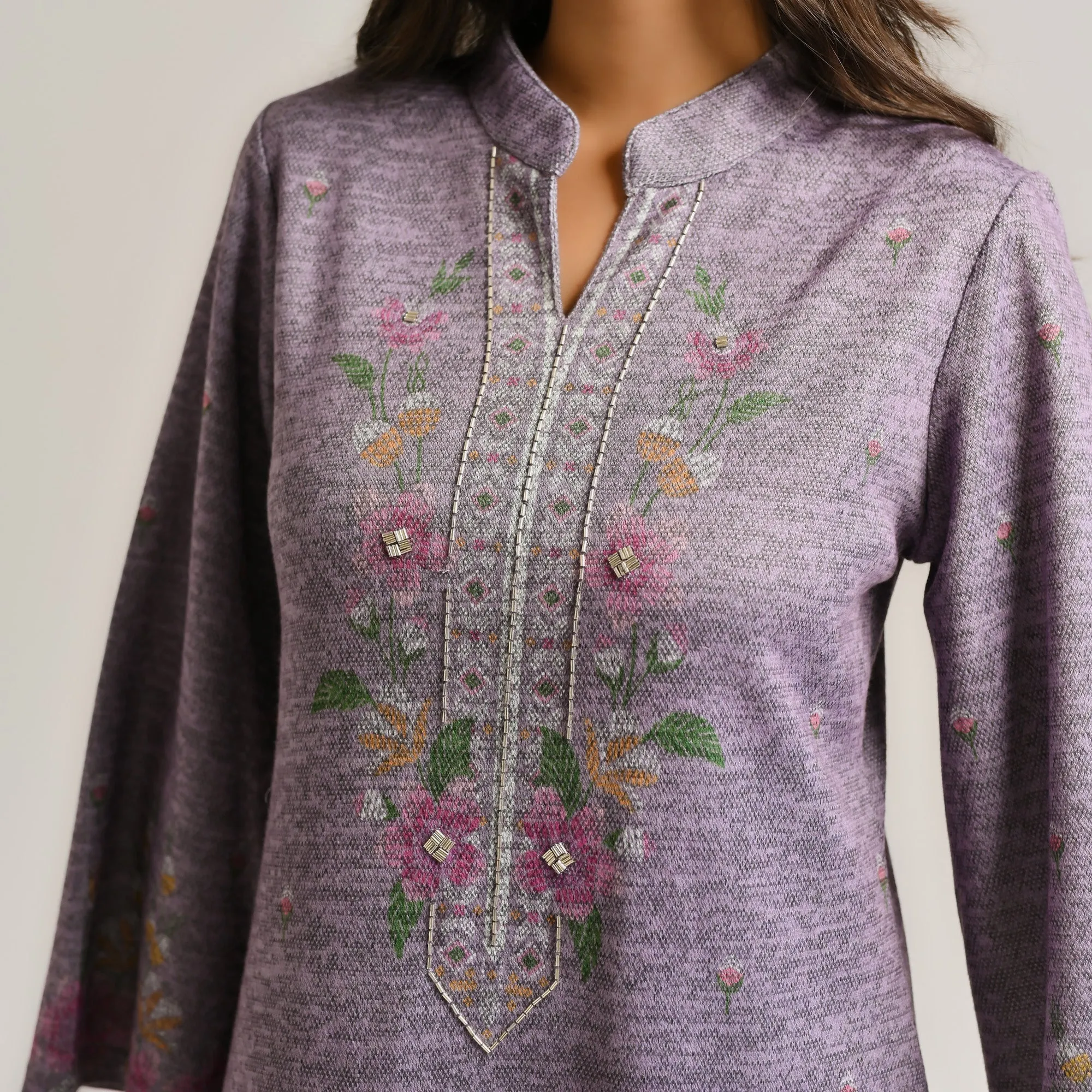 Mauve Floral Woollen Kurta Set with Embroidery Detail