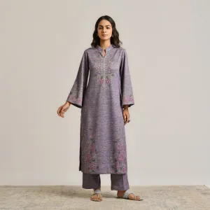 Mauve Floral Woollen Kurta Set with Embroidery Detail