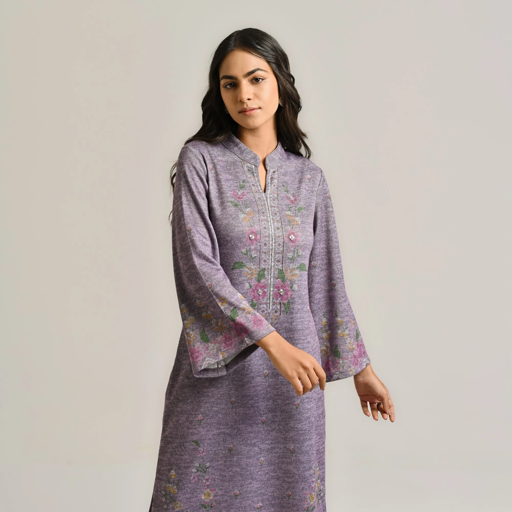 Mauve Floral Woollen Kurta Set with Embroidery Detail