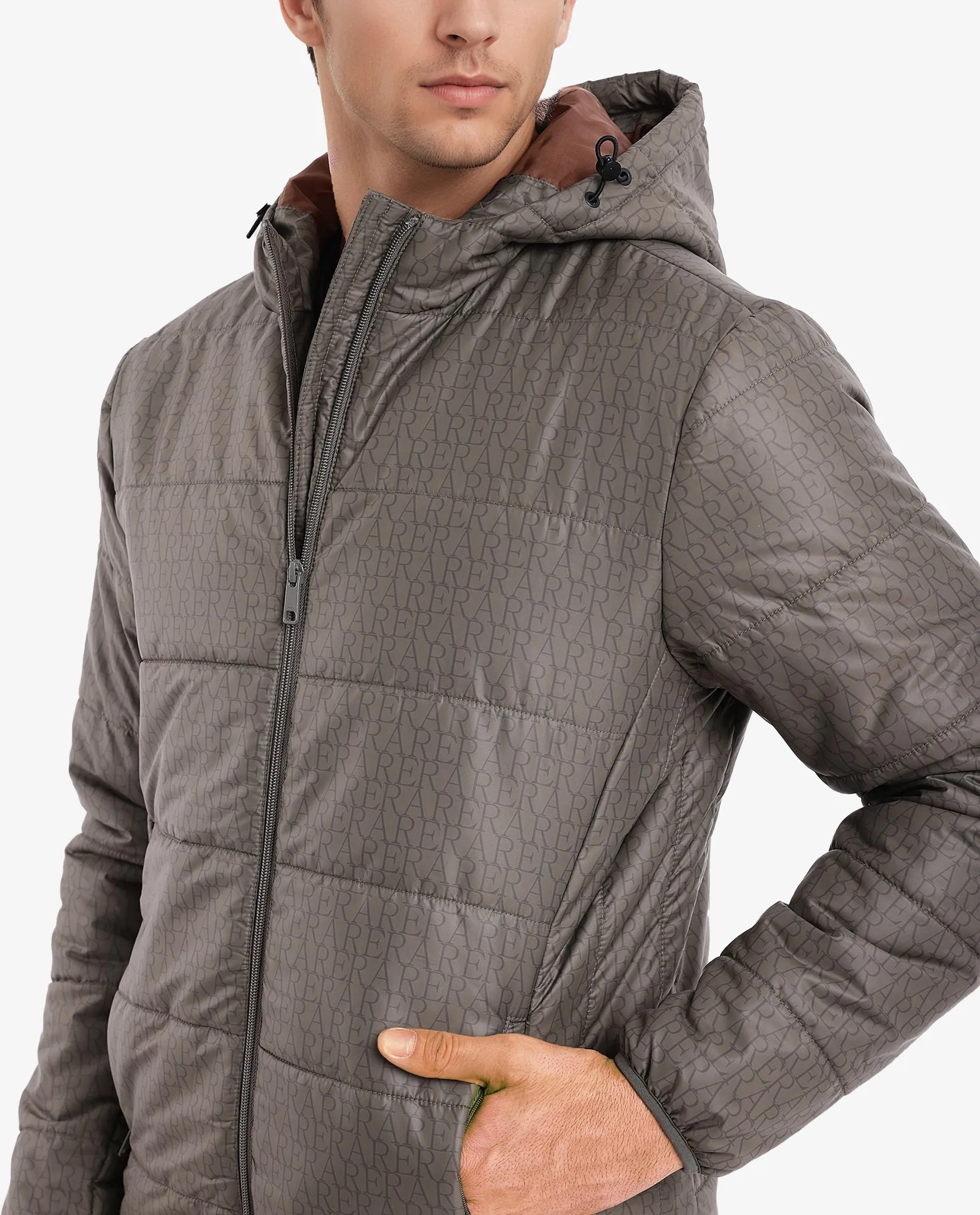 Rare Rabbit Men's Vasto Olive Polyester Fabric Full Sleeve Zipper Closure Hooded Monogram Print Puffer Jacket