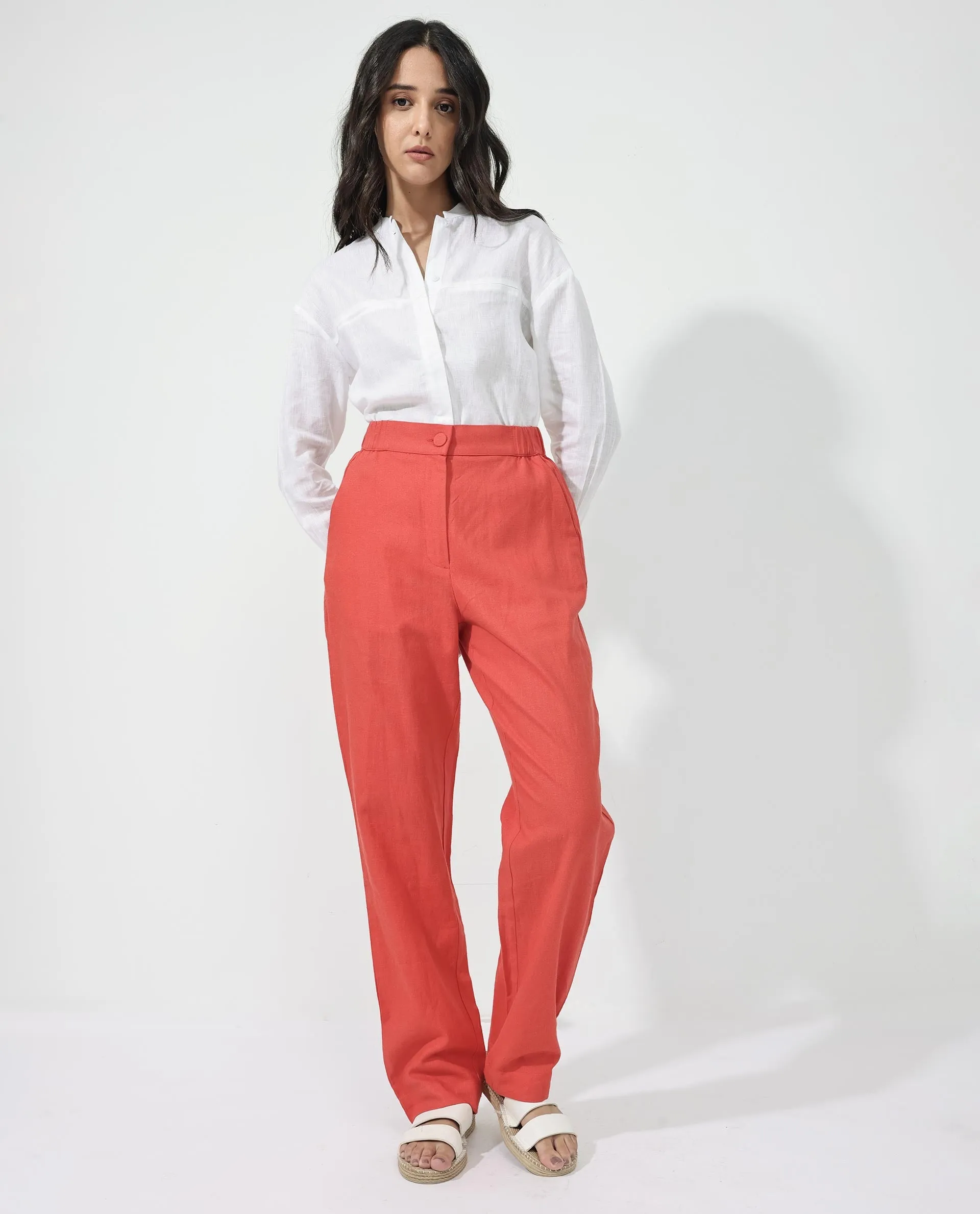 Rareism Women Costa-B Pastel Rust Cotton Linen Fabric Button Closure Regular Fit Plain Ankle Length Tapered Trousers