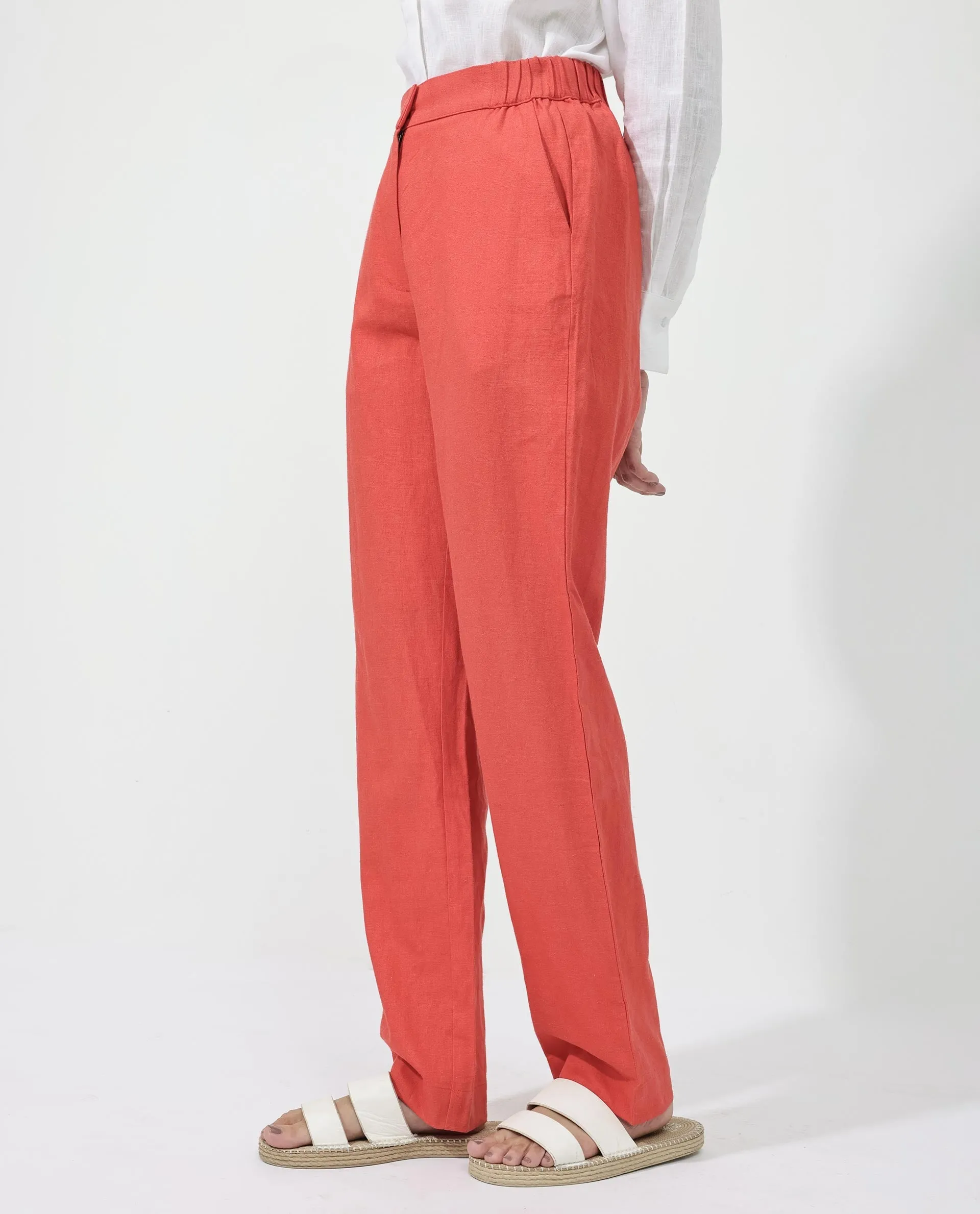 Rareism Women Costa-B Pastel Rust Cotton Linen Fabric Button Closure Regular Fit Plain Ankle Length Tapered Trousers