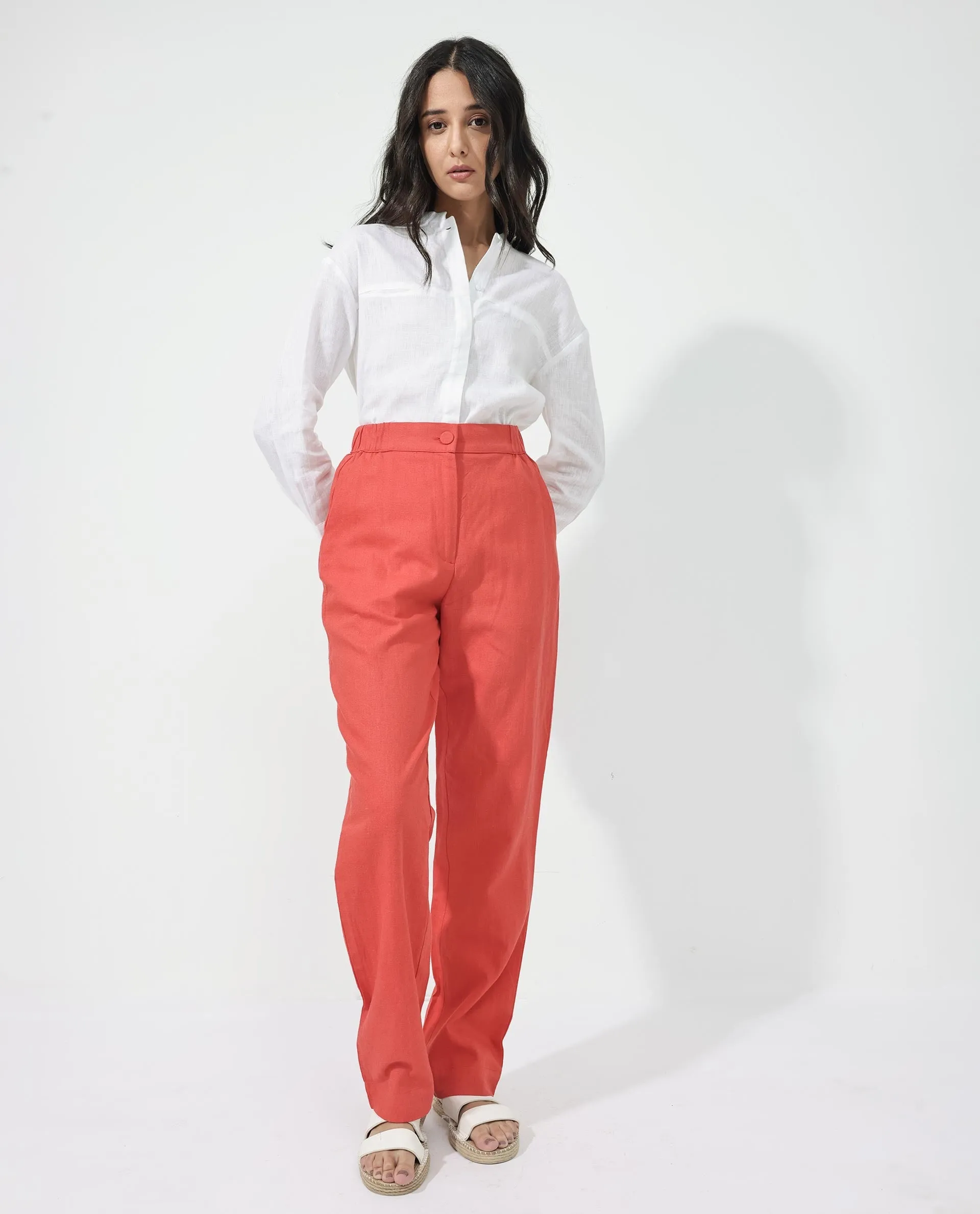 Rareism Women Costa-B Pastel Rust Cotton Linen Fabric Button Closure Regular Fit Plain Ankle Length Tapered Trousers