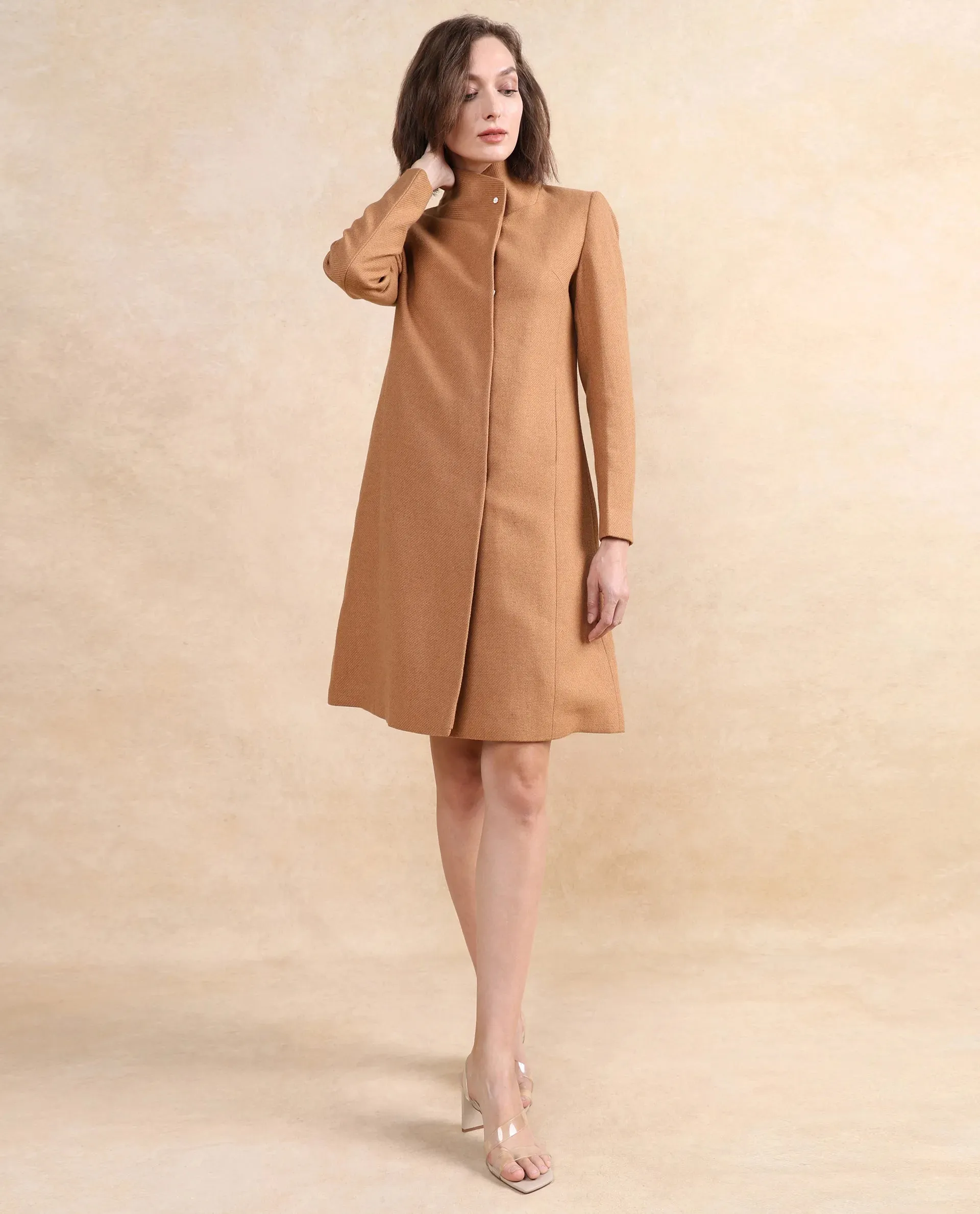 Rareism Women Monch Beige Overlap Neck Midi Length Plain Jacket