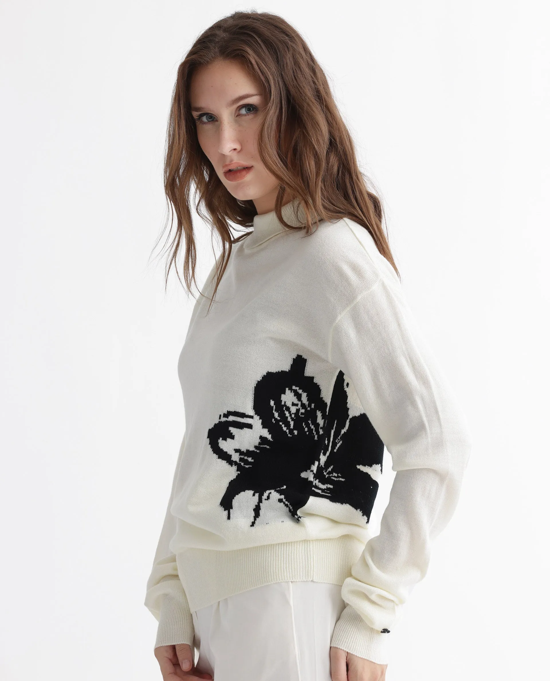 Rareism Women Priana Off White Acrylic Fabric Full Sleeves Turtle Neck Relaxed Fit Floral Print Sweater