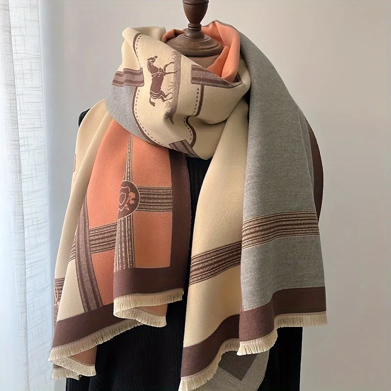 Refined Jacquard Scarf - Soft Cotton Blend, Windproof Warmth, Color Block Design for Autumn and Winter Elegance