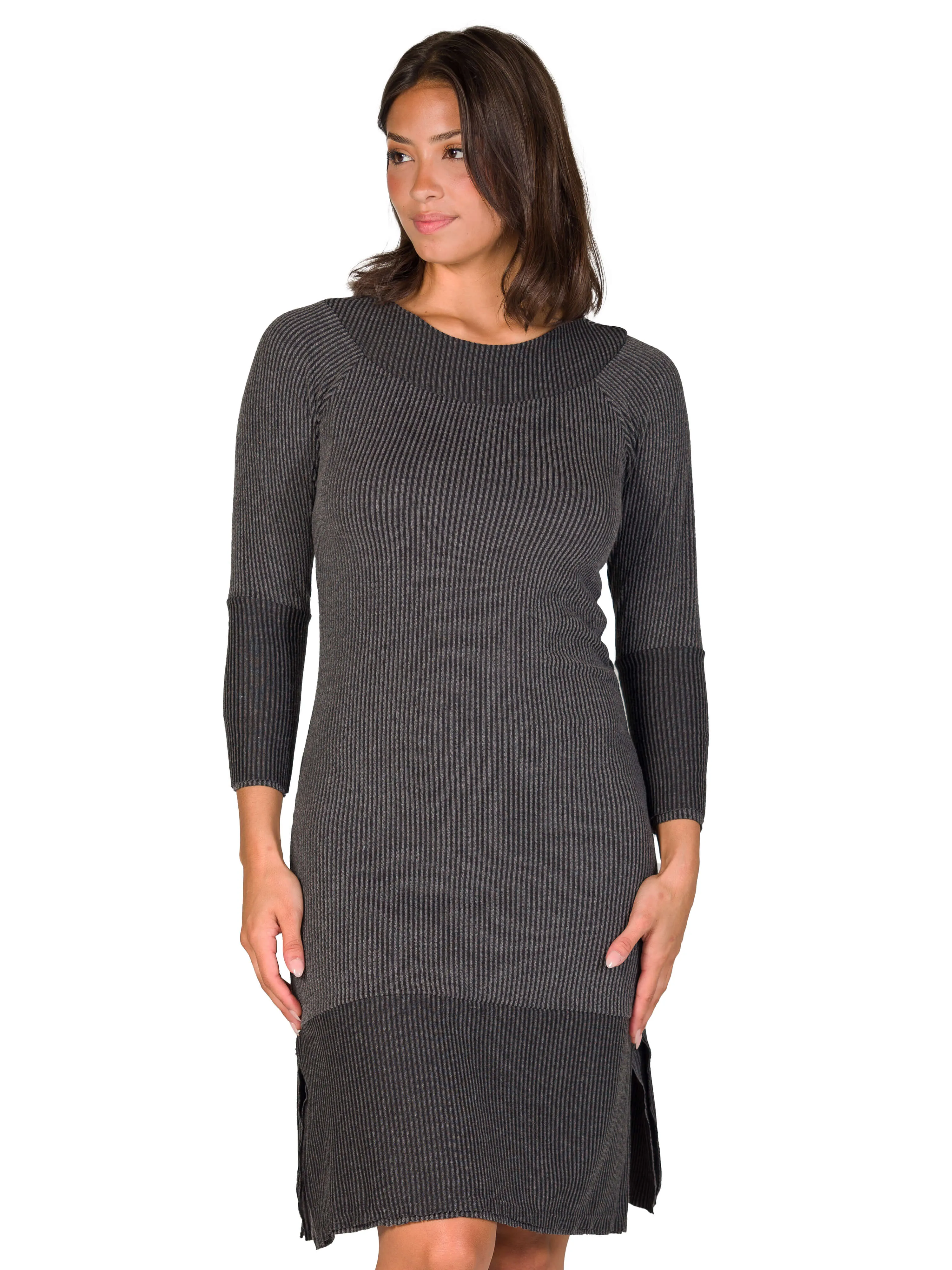 Ribbed Knit Long Sleeve Split Hem Sweater Dress