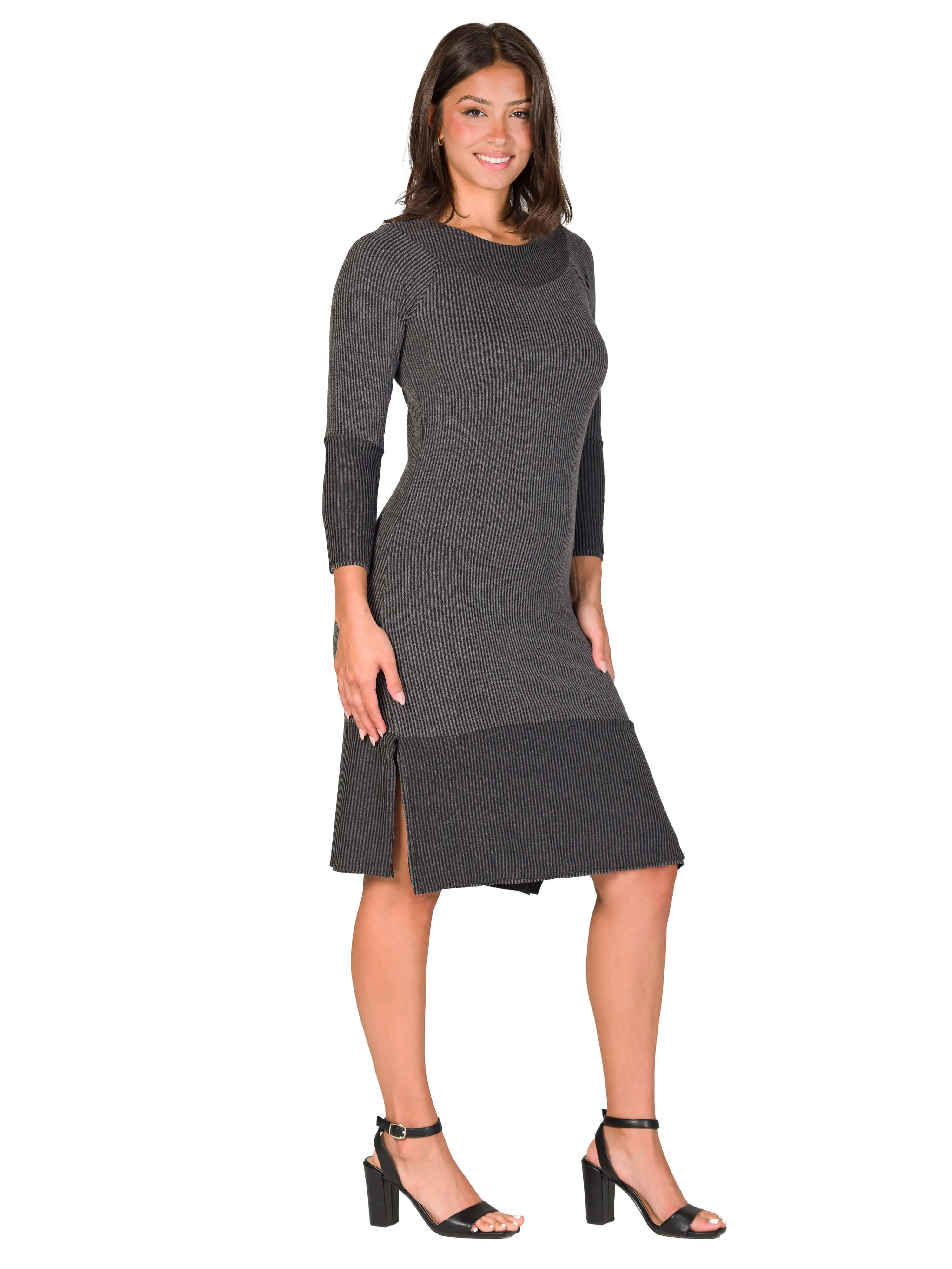 Ribbed Knit Long Sleeve Split Hem Sweater Dress