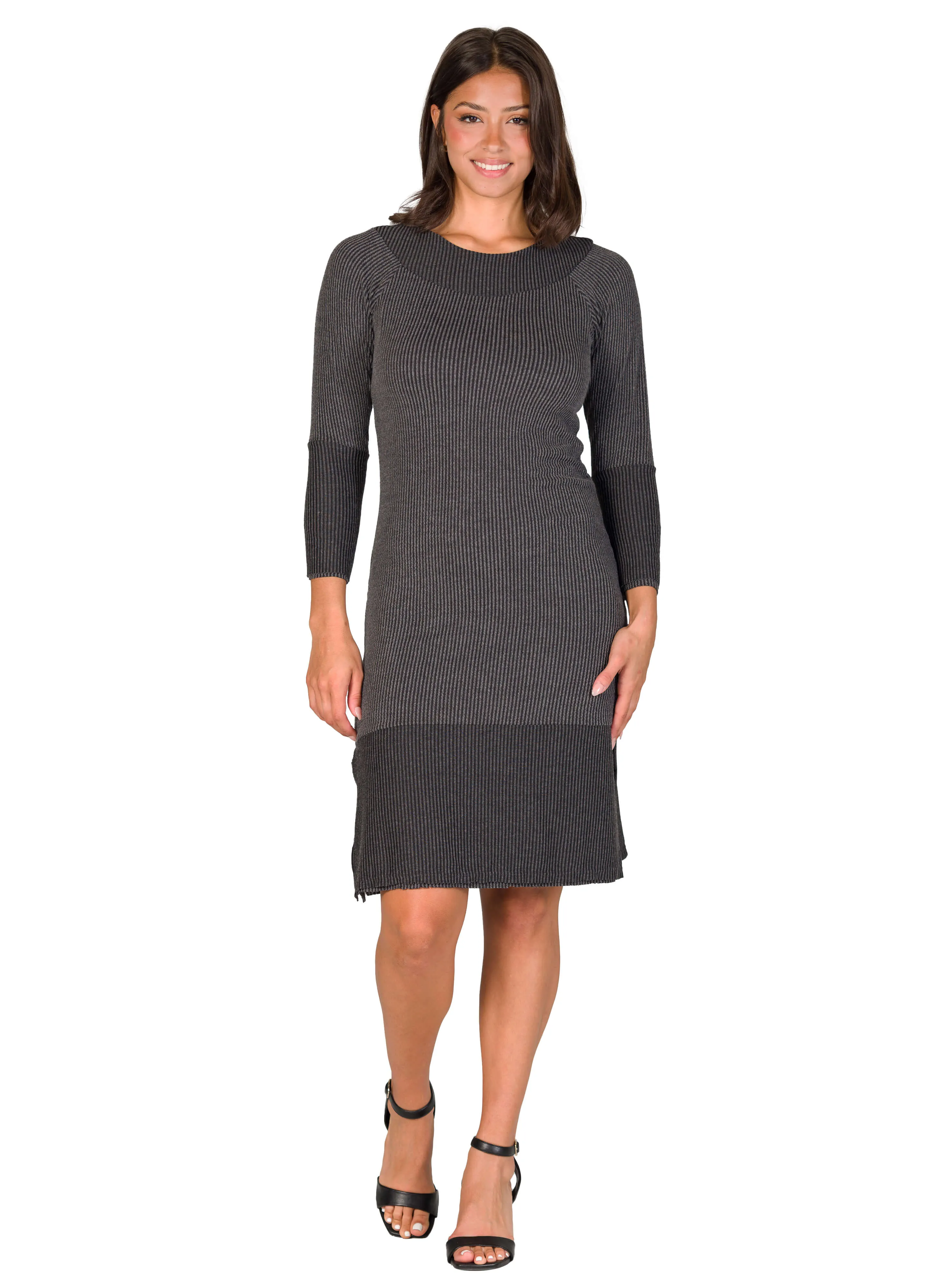 Ribbed Knit Long Sleeve Split Hem Sweater Dress